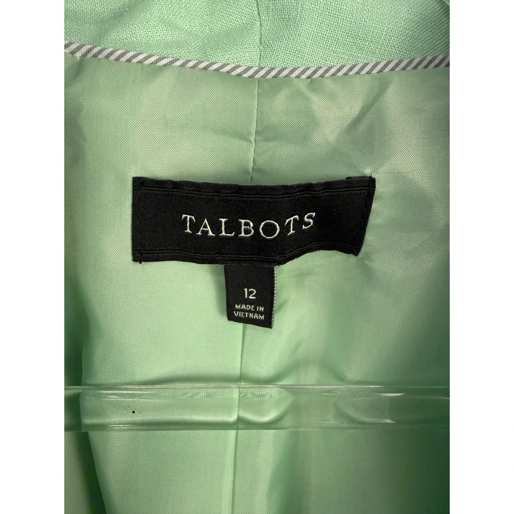 Talbots Womens 12 Mint Green 100% Linen Open Front Blazer Jacket VN1953 12